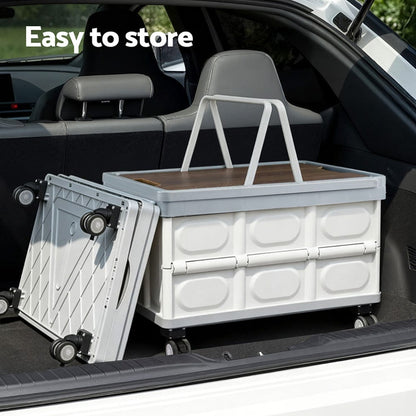 Gardeon Home & Garden > Storage > Storage Boxes Gardeon Collapsible Outdoor Storage Box 54L Stackable Folding Camping Organizer Wheels Plywood Lid Beige