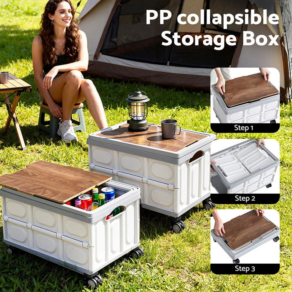 Gardeon Home & Garden > Storage > Storage Boxes Gardeon Collapsible Outdoor Storage Box 54L Stackable Folding Camping Organizer Wheels Plywood Lid Beige