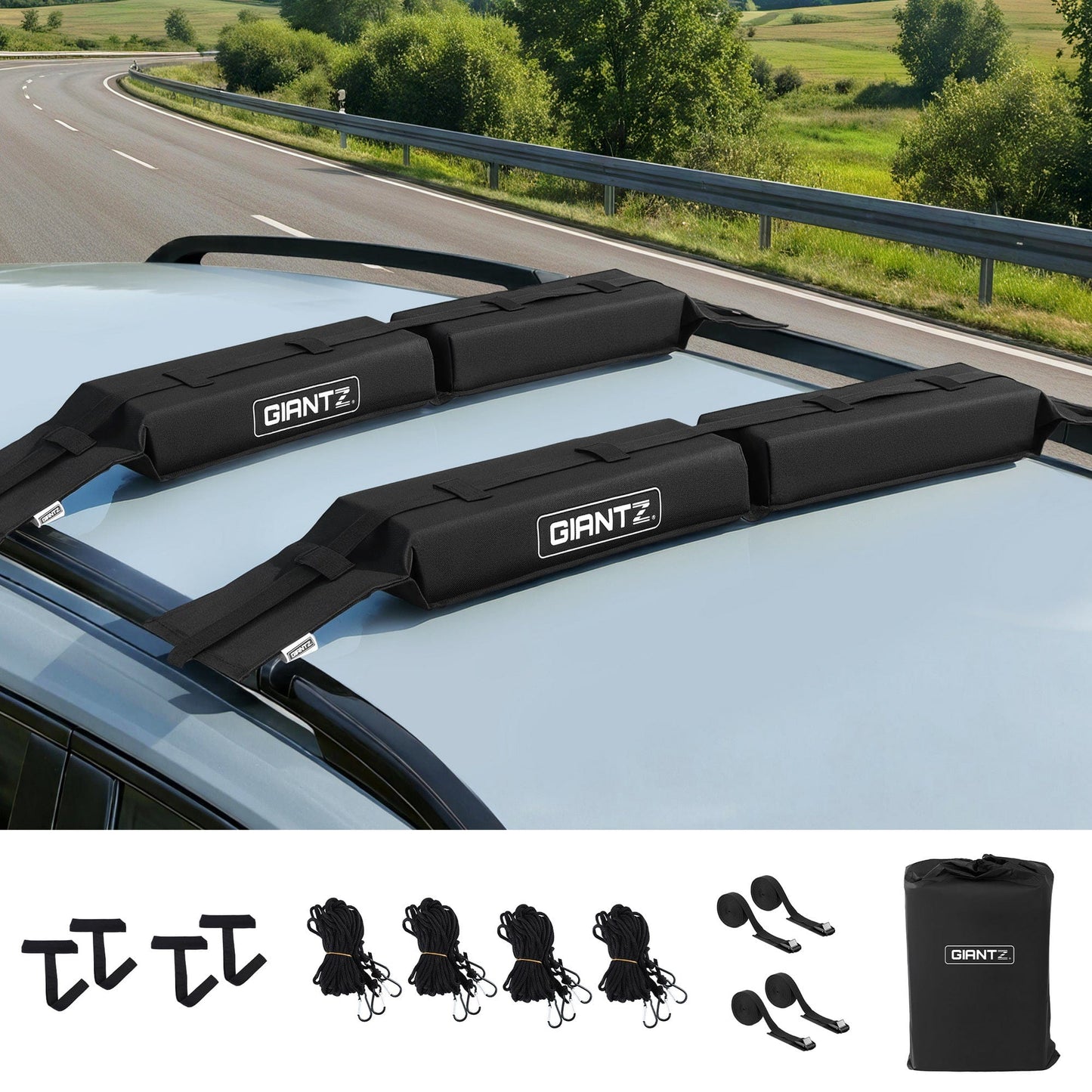 Giantz Auto Accessories > Auto Accessories Others > Cross Bar GIANTZ Kayak Roof Rack for Car, Universal Soft Roof Rack Pads for Surfboard SUP Canoe, Roof Bars for SUV Sedan without Side Rails, Portable Cross Bars with 4.5m Tie Down Straps & Ropes, 80kg Capacity