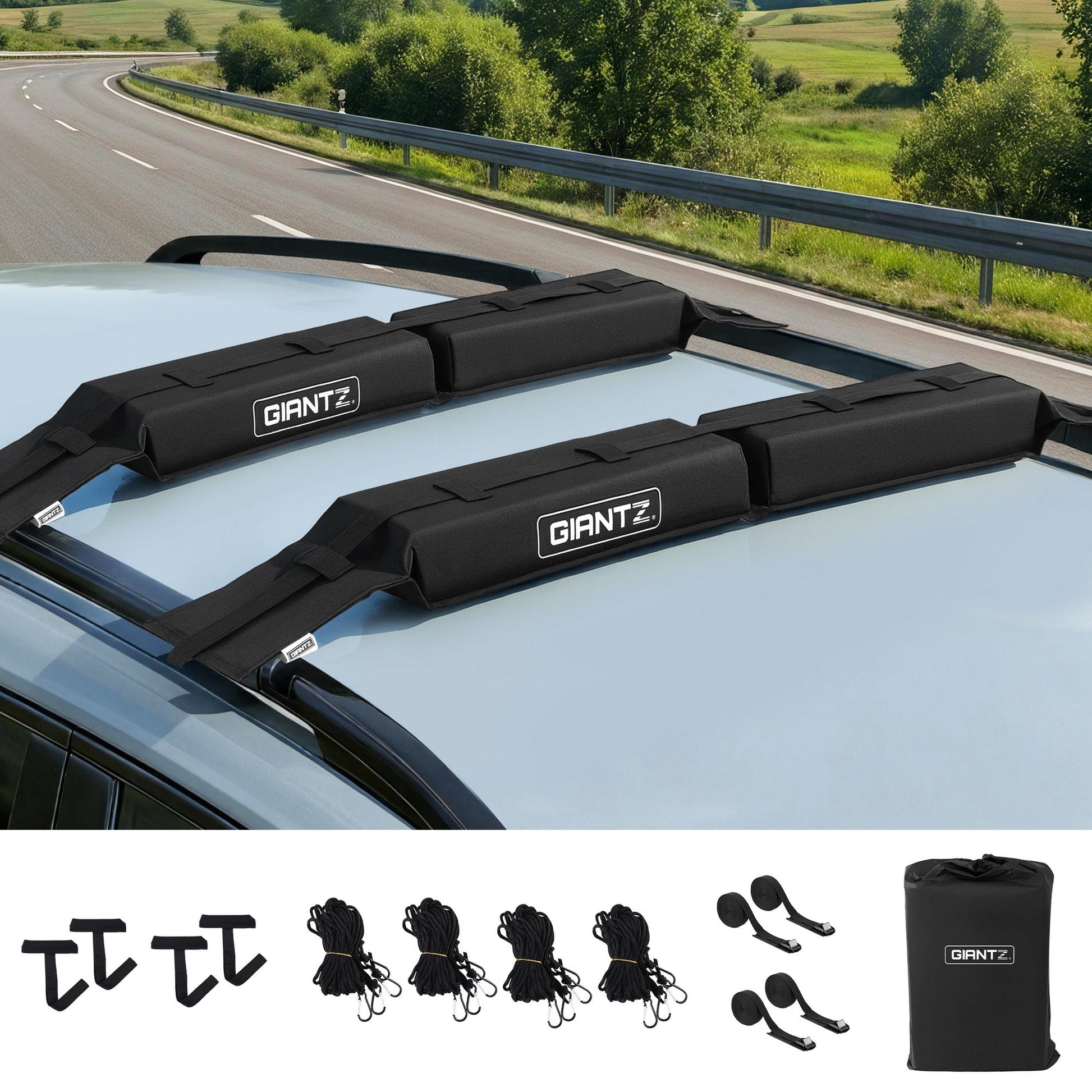 Giantz Auto Accessories > Auto Accessories Others > Cross Bar GIANTZ Kayak Roof Rack for Car, Universal Soft Roof Rack Pads for Surfboard SUP Canoe, Roof Bars for SUV Sedan without Side Rails, Portable Cross Bars with 4.5m Tie Down Straps & Ropes, 80kg Capacity