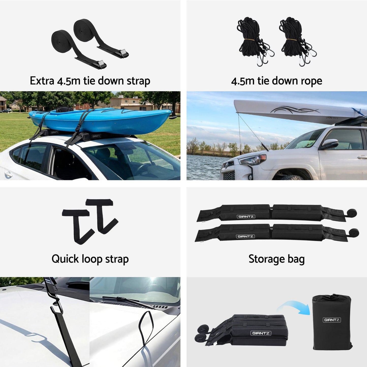 Giantz Auto Accessories > Auto Accessories Others > Cross Bar GIANTZ Kayak Roof Rack for Car, Universal Soft Roof Rack Pads for Surfboard SUP Canoe, Roof Bars for SUV Sedan without Side Rails, Portable Cross Bars with 4.5m Tie Down Straps & Ropes, 80kg Capacity