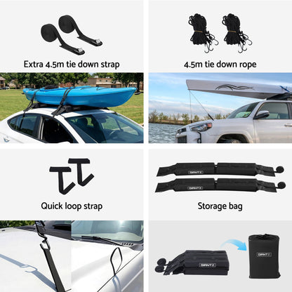 Giantz Auto Accessories > Auto Accessories Others > Cross Bar GIANTZ Kayak Roof Rack for Car, Universal Soft Roof Rack Pads for Surfboard SUP Canoe, Roof Bars for SUV Sedan without Side Rails, Portable Cross Bars with 4.5m Tie Down Straps & Ropes, 80kg Capacity