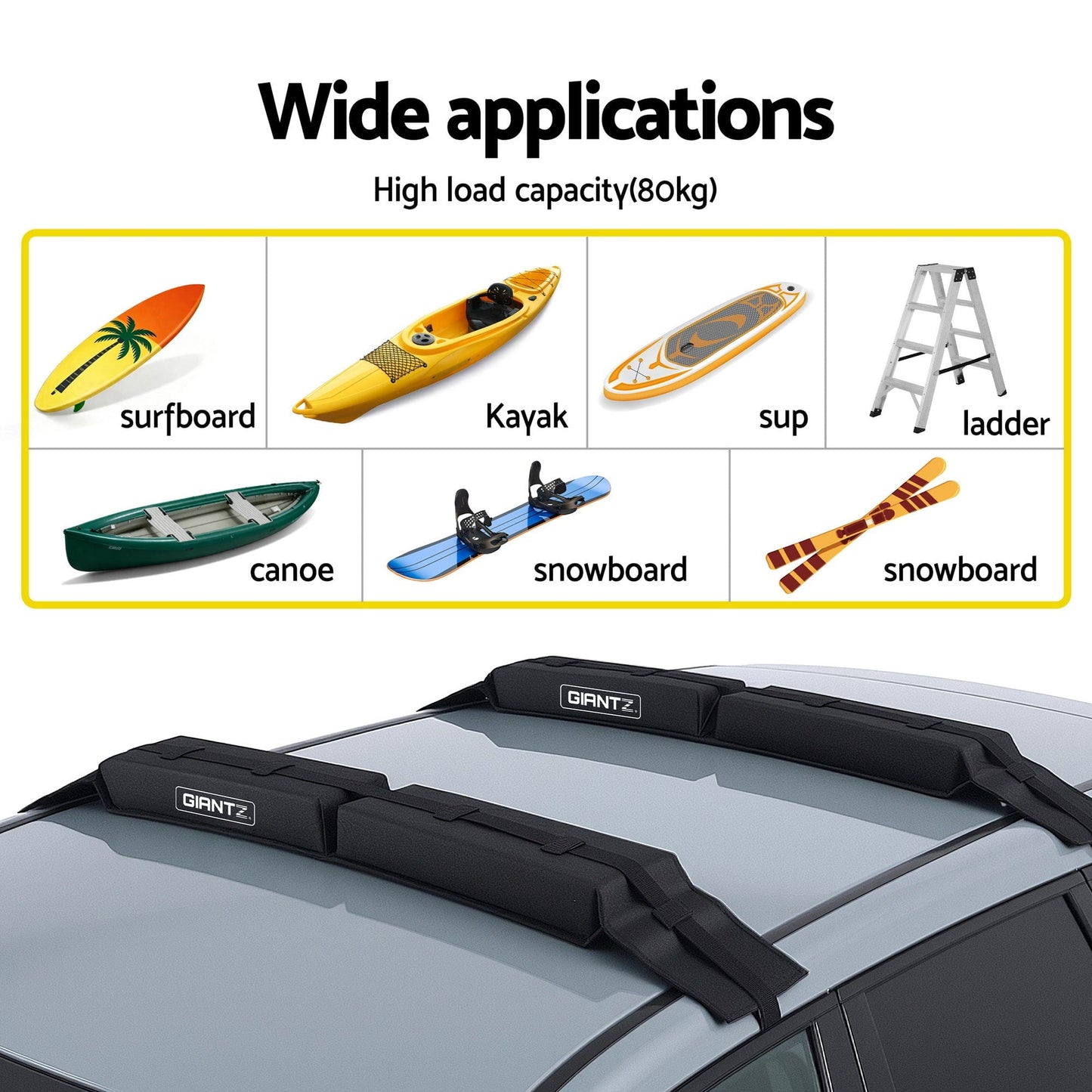 Giantz Auto Accessories > Auto Accessories Others > Cross Bar GIANTZ Kayak Roof Rack for Car, Universal Soft Roof Rack Pads for Surfboard SUP Canoe, Roof Bars for SUV Sedan without Side Rails, Portable Cross Bars with 4.5m Tie Down Straps & Ropes, 80kg Capacity