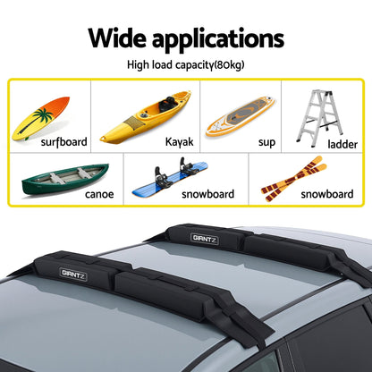 Giantz Auto Accessories > Auto Accessories Others > Cross Bar GIANTZ Kayak Roof Rack for Car, Universal Soft Roof Rack Pads for Surfboard SUP Canoe, Roof Bars for SUV Sedan without Side Rails, Portable Cross Bars with 4.5m Tie Down Straps & Ropes, 80kg Capacity