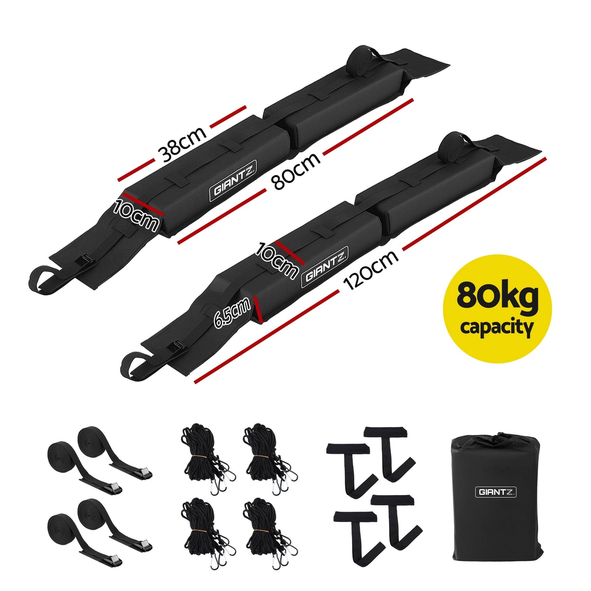 Giantz Auto Accessories > Auto Accessories Others > Cross Bar GIANTZ Kayak Roof Rack for Car, Universal Soft Roof Rack Pads for Surfboard SUP Canoe, Roof Bars for SUV Sedan without Side Rails, Portable Cross Bars with 4.5m Tie Down Straps & Ropes, 80kg Capacity