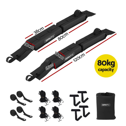 Giantz Auto Accessories > Auto Accessories Others > Cross Bar GIANTZ Kayak Roof Rack for Car, Universal Soft Roof Rack Pads for Surfboard SUP Canoe, Roof Bars for SUV Sedan without Side Rails, Portable Cross Bars with 4.5m Tie Down Straps & Ropes, 80kg Capacity