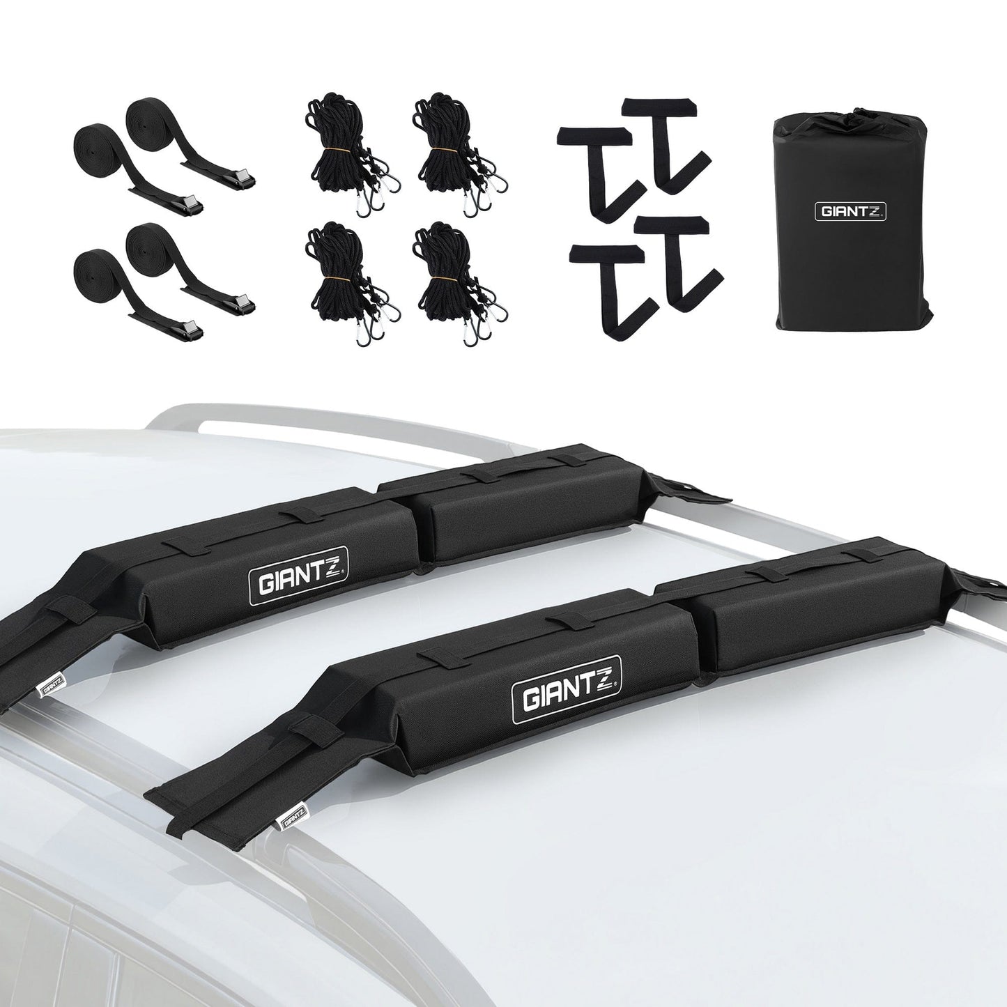 Giantz Auto Accessories > Auto Accessories Others > Cross Bar GIANTZ Kayak Roof Rack for Car, Universal Soft Roof Rack Pads for Surfboard SUP Canoe, Roof Bars for SUV Sedan without Side Rails, Portable Cross Bars with 4.5m Tie Down Straps & Ropes, 80kg Capacity