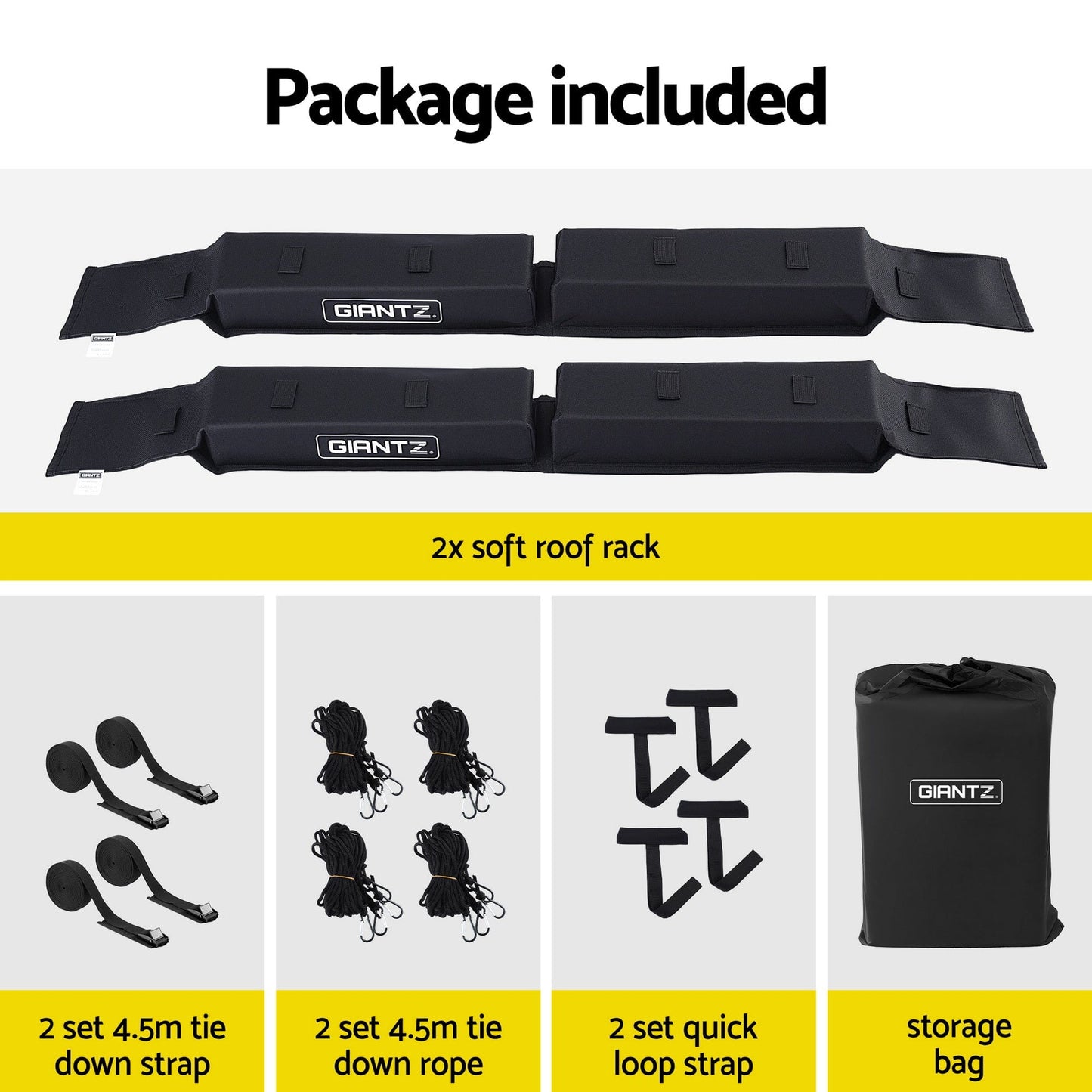Giantz Auto Accessories > Auto Accessories Others > Cross Bar GIANTZ Kayak Roof Rack for Car, Universal Soft Roof Rack Pads for Surfboard SUP Canoe, Roof Bars for SUV Sedan without Side Rails, Portable Cross Bars with 4.5m Tie Down Straps & Ropes, 80kg Capacity