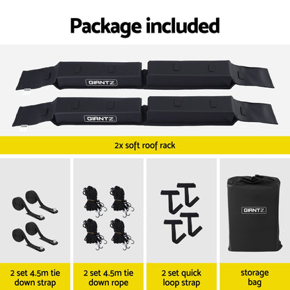 Giantz Auto Accessories > Auto Accessories Others > Cross Bar GIANTZ Kayak Roof Rack for Car, Universal Soft Roof Rack Pads for Surfboard SUP Canoe, Roof Bars for SUV Sedan without Side Rails, Portable Cross Bars with 4.5m Tie Down Straps & Ropes, 80kg Capacity