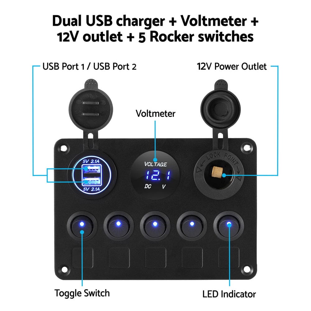 Giantz Baby & Kids > Ride On Cars, Go-karts & Bikes > Ride On Cars Giantz 5 Gang 12V Switch Panel For Car Boat Marine USB ON-OFF LED Rocker Toggle