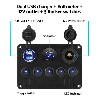 Giantz Baby & Kids > Ride On Cars, Go-karts & Bikes > Ride On Cars Giantz 5 Gang 12V Switch Panel For Car Boat Marine USB ON-OFF LED Rocker Toggle