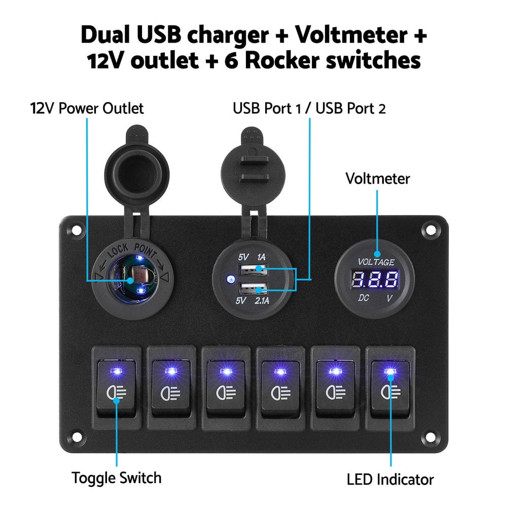 Giantz Baby & Kids > Ride On Cars, Go-karts & Bikes > Ride On Cars Giantz 6 Gang 12V Switch Panel For Car Boat Marine USB ON-OFF LED Rocker Toggle