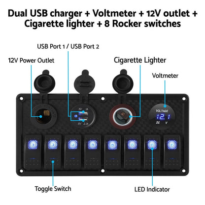 Giantz Baby & Kids > Ride On Cars, Go-karts & Bikes > Ride On Cars Giantz 8 Gang 12V Switch Panel For Car Boat Marine USB ON-OFF LED Rocker Toggle