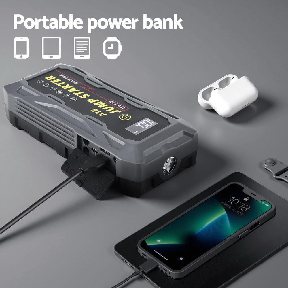 Giantz Electronics > Battery Chargers & Power > Power Banks & Chargers Giantz 2000A Portable Car Jump Starter 12V Lithium Battery Booster Pack Power Bank & Jumper Cables
