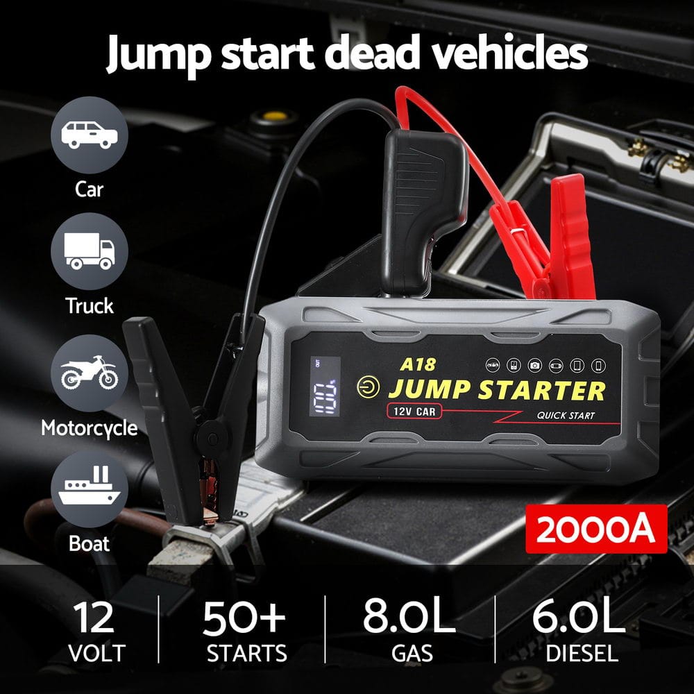 Giantz Electronics > Battery Chargers & Power > Power Banks & Chargers Giantz 2000A Portable Car Jump Starter 12V Lithium Battery Booster Pack Power Bank & Jumper Cables