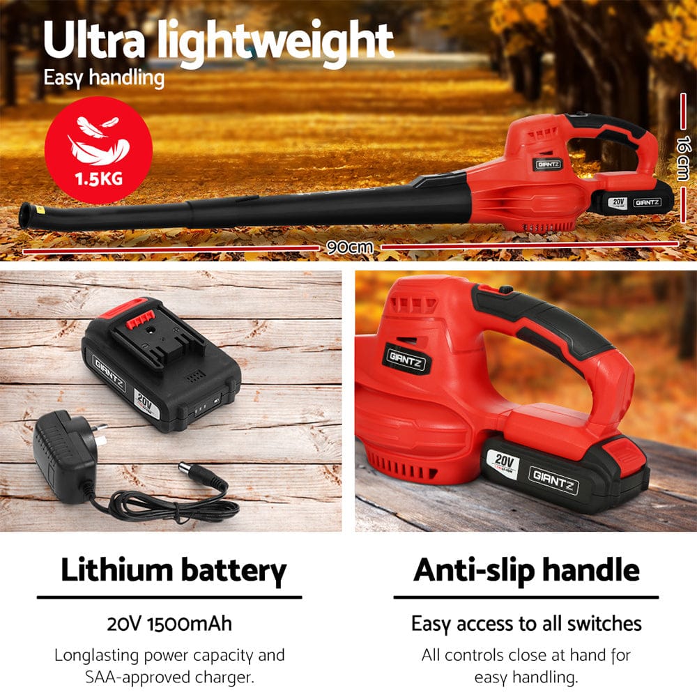 Giantz Home & Garden > Garden Tools > Leaf Blowers Giantz 20V Cordless Leaf Blower Garden Lithium Battery Electric Nozzles 2-Speed