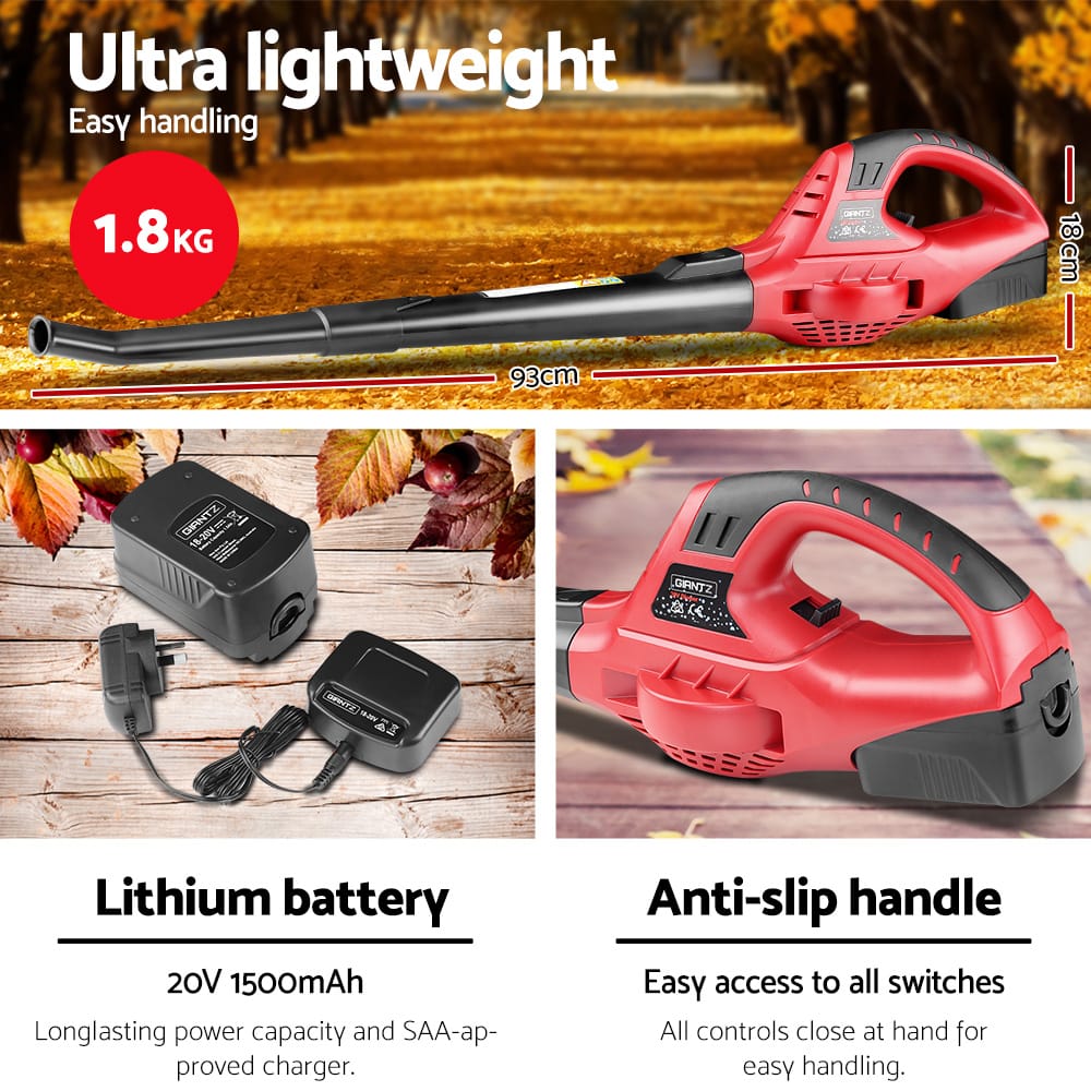 Giantz Home & Garden > Garden Tools > Leaf Blowers Giantz 20V Cordless Leaf Blower Garden Lithium Electric Battery Nozzles 2-Speed