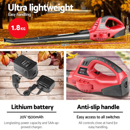 Giantz Home & Garden > Garden Tools > Leaf Blowers Giantz 20V Cordless Leaf Blower Garden Lithium Electric Battery Nozzles 2-Speed