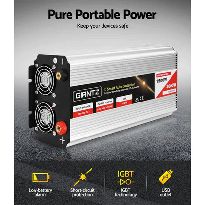 Giantz Outdoor Recreation > Camping > Batteries & Generators Giantz 1500W Puresine Wave DC-AC Power Inverter