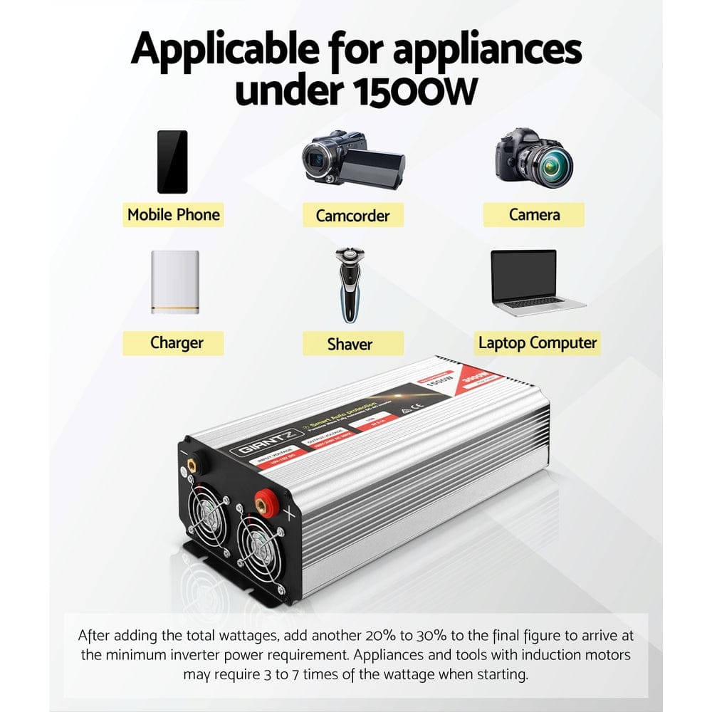 Giantz Outdoor Recreation > Camping > Batteries & Generators Giantz 1500W Puresine Wave DC-AC Power Inverter