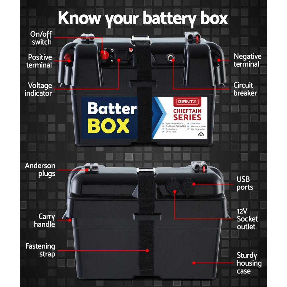 Giantz Outdoor Recreation > Camping > Batteries & Generators Giantz AGM Battery Box 12v Large Deep Cycle Box Portable Solar Caravan Camping