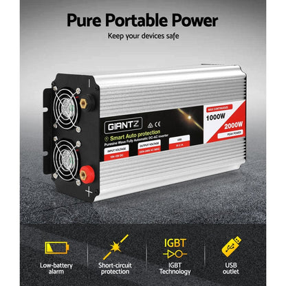 Giantz Outdoor Recreation > Camping > Batteries & Generators Giantz Power Inverter 1000W or 2000W Pure Sine Wave 12V-240V Camping Boat Caravan