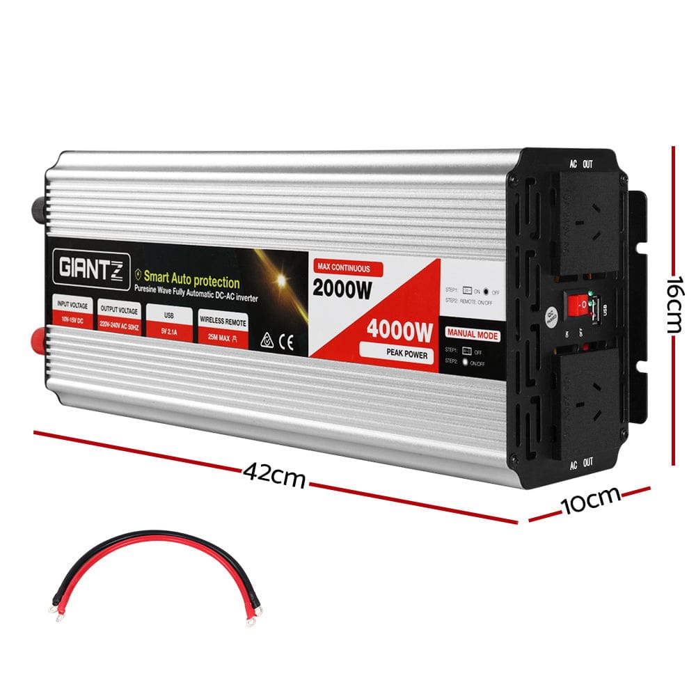 Giantz Outdoor Recreation > Camping > Batteries & Generators Giantz Power Inverter 2000W or 4000W Pure Sine Wave 12V-240V Camping Boat Caravan