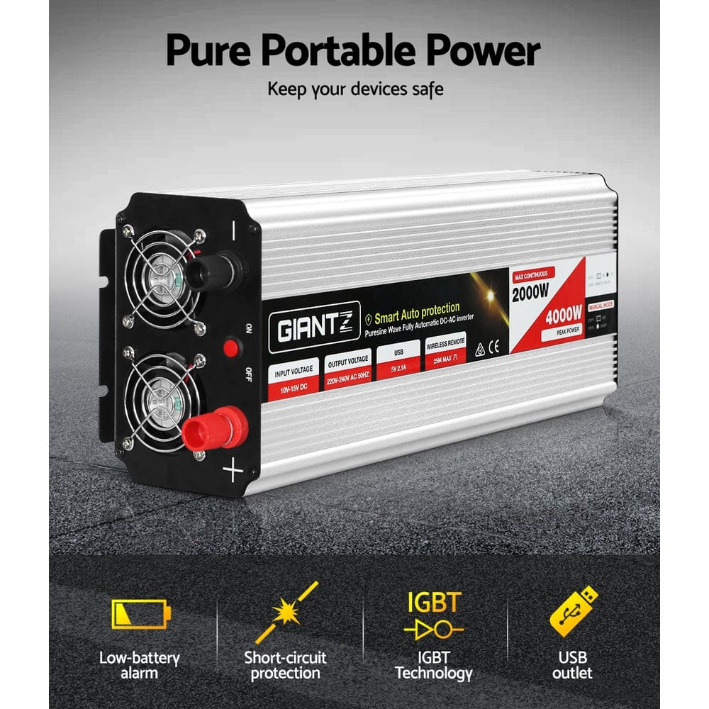 Giantz Outdoor Recreation > Camping > Batteries & Generators Giantz Power Inverter 2000W or 4000W Pure Sine Wave 12V-240V Camping Boat Caravan
