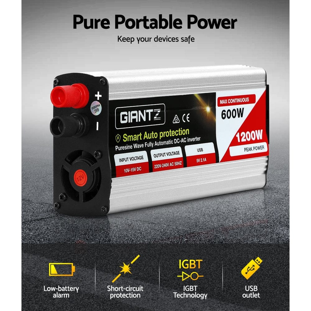 Giantz Outdoor Recreation > Camping > Batteries & Generators Giantz Power Inverter 600W/1200W 12V to 240V Pure Sine Wave Camping Car Boat