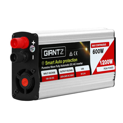 Giantz Outdoor Recreation > Camping > Batteries & Generators Giantz Power Inverter 600W/1200W 12V to 240V Pure Sine Wave Camping Car Boat