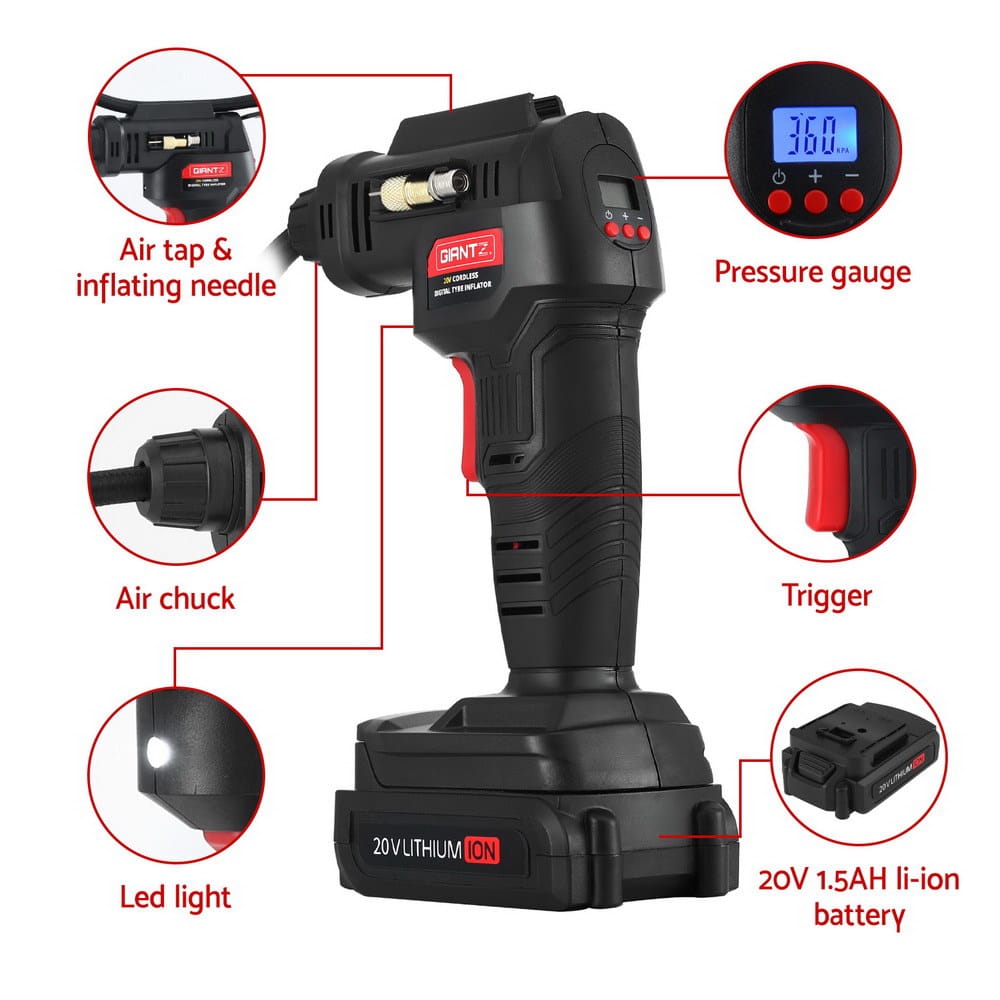 Giantz Tools > Air Compressor > Air Compressors Giantz Cordless Tyre Inflator Portable Air Compressor Pump 20V 120PSI Digital LED