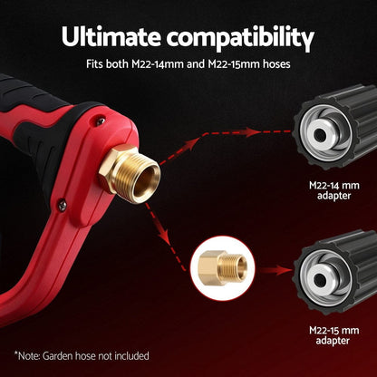 Giantz Tools > Power Tools > Outdoor Power Equipment Giantz Pressure Washer Gun Short Trigger 4000PSI M22-14 1/4 Inch 5 Nozzles Red