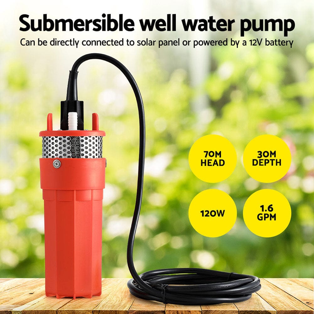 Giantz Tools > Pumps > Irrigation Pumps Giantz Submersible Solar Water Pump 24V 70M Head Deep Well Bore Self-priming