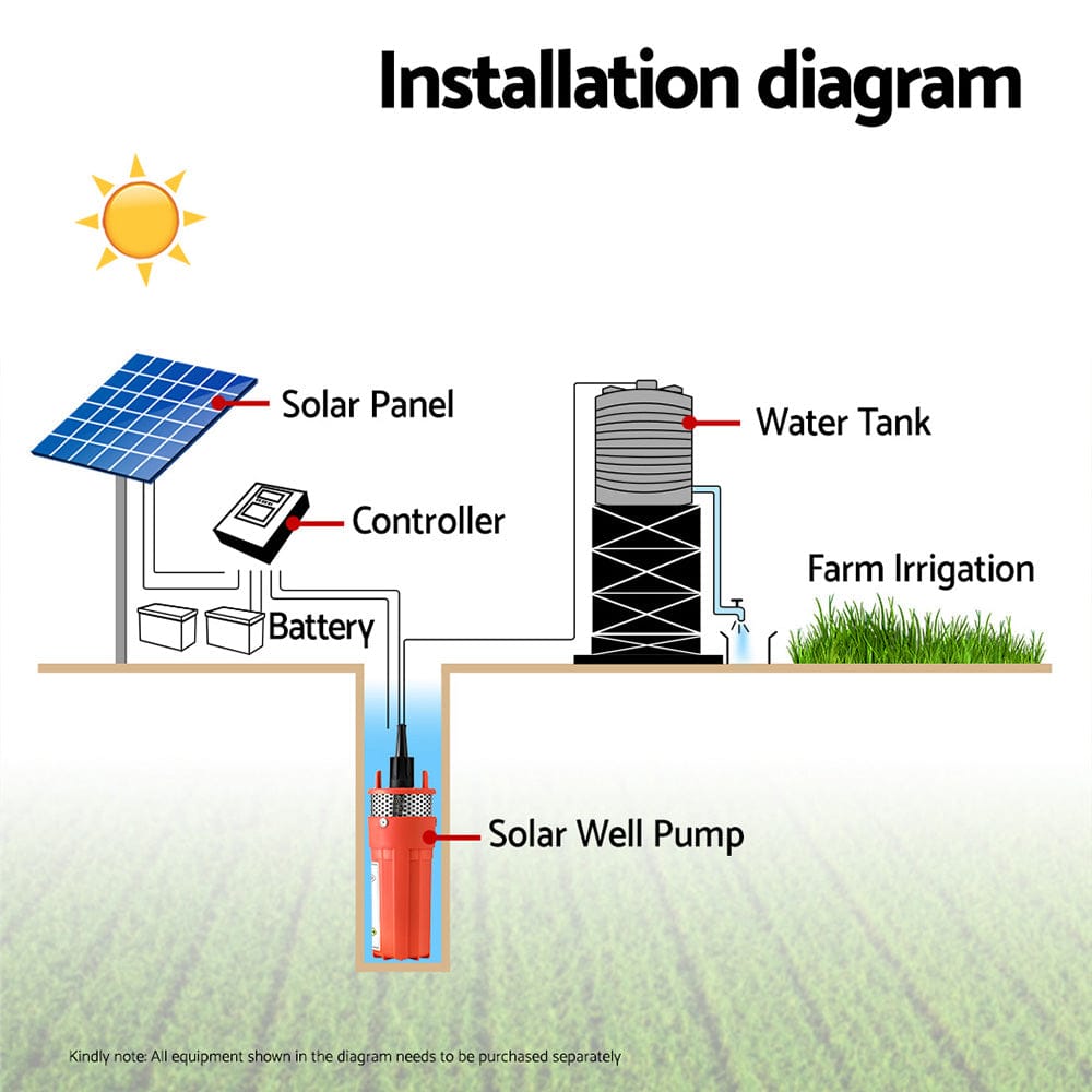 Giantz Tools > Pumps > Irrigation Pumps Giantz Submersible Solar Water Pump 24V 70M Head Deep Well Bore Self-priming