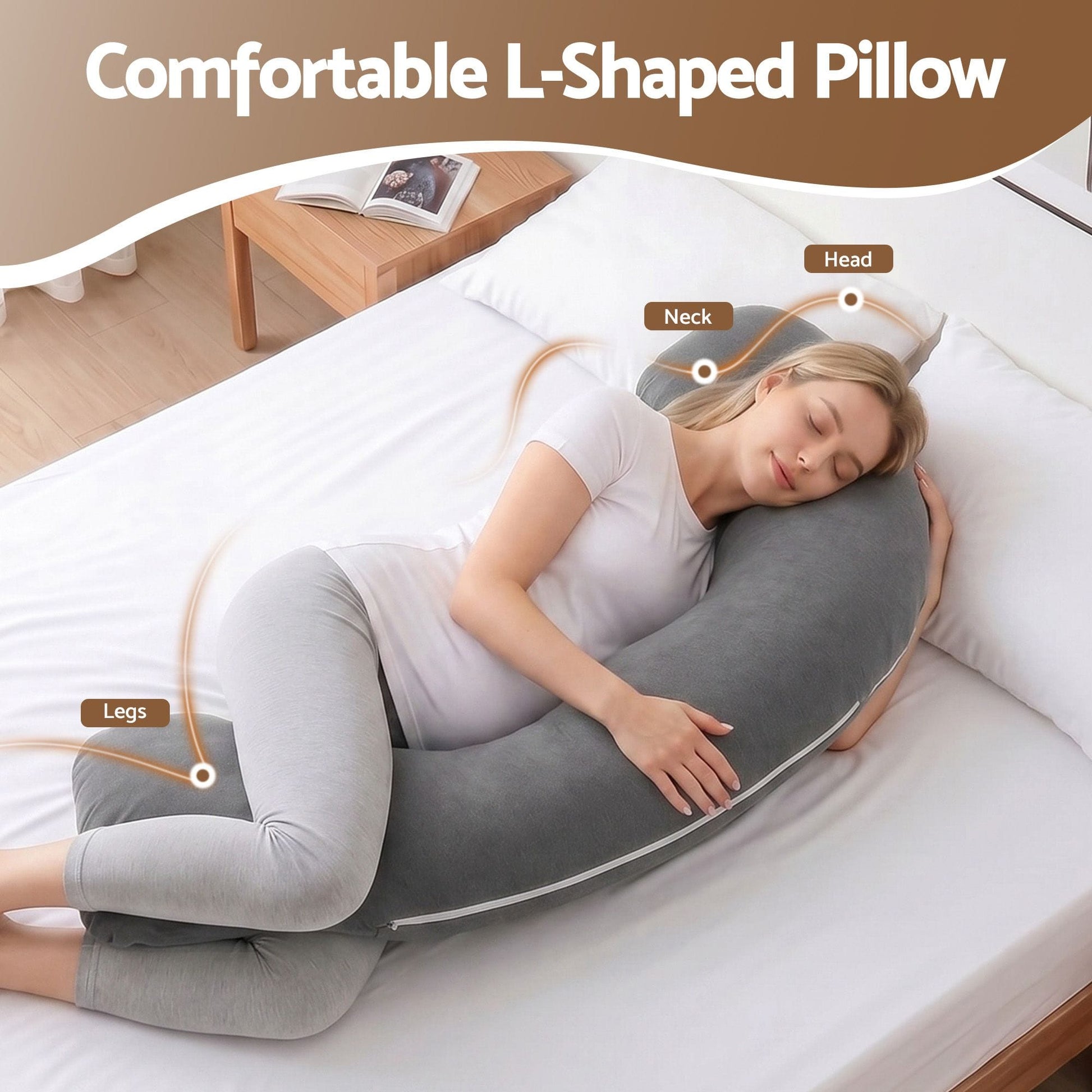 Giselle Home & Garden > Bedding > Pillows Giselle Bedding Pregnancy Pillow for Side Sleeping L-Shaped Maternity Body Pillow for Women 100% Cotton Jersey Cover for Head Neck Belly Support, 63x115 cm Grey