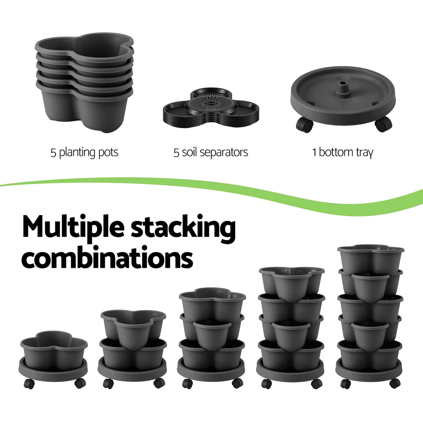 Green Fingers Home & Garden > Garden Beds > Garden Beds & Planters Green Fingers 5 Tier Vertical Garden Planter, Stackable Planters with 4 Wheels, Black, Raised Garden Bed, Garden Tower Indoor Outdoor, Auto Drainage System, for Strawberries, Herbs, Flower, Vegetables