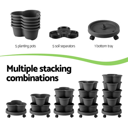 Green Fingers Home & Garden > Garden Beds > Garden Beds & Planters Green Fingers 5 Tier Vertical Garden Planter, Stackable Planters with 4 Wheels, Black, Raised Garden Bed, Garden Tower Indoor Outdoor, Auto Drainage System, for Strawberries, Herbs, Flower, Vegetables