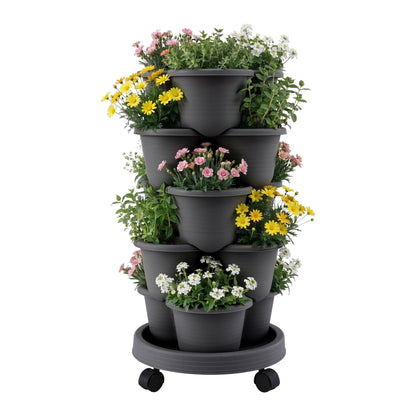 Green Fingers Home & Garden > Garden Beds > Garden Beds & Planters Green Fingers 5 Tier Vertical Garden Planter, Stackable Planters with 4 Wheels, Black, Raised Garden Bed, Garden Tower Indoor Outdoor, Auto Drainage System, for Strawberries, Herbs, Flower, Vegetables