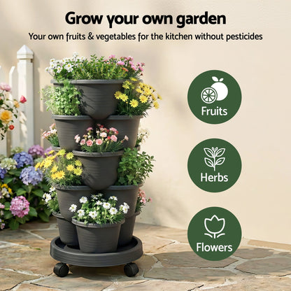 Green Fingers Home & Garden > Garden Beds > Garden Beds & Planters Green Fingers 5 Tier Vertical Garden Planter, Stackable Planters with 4 Wheels, Black, Raised Garden Bed, Garden Tower Indoor Outdoor, Auto Drainage System, for Strawberries, Herbs, Flower, Vegetables