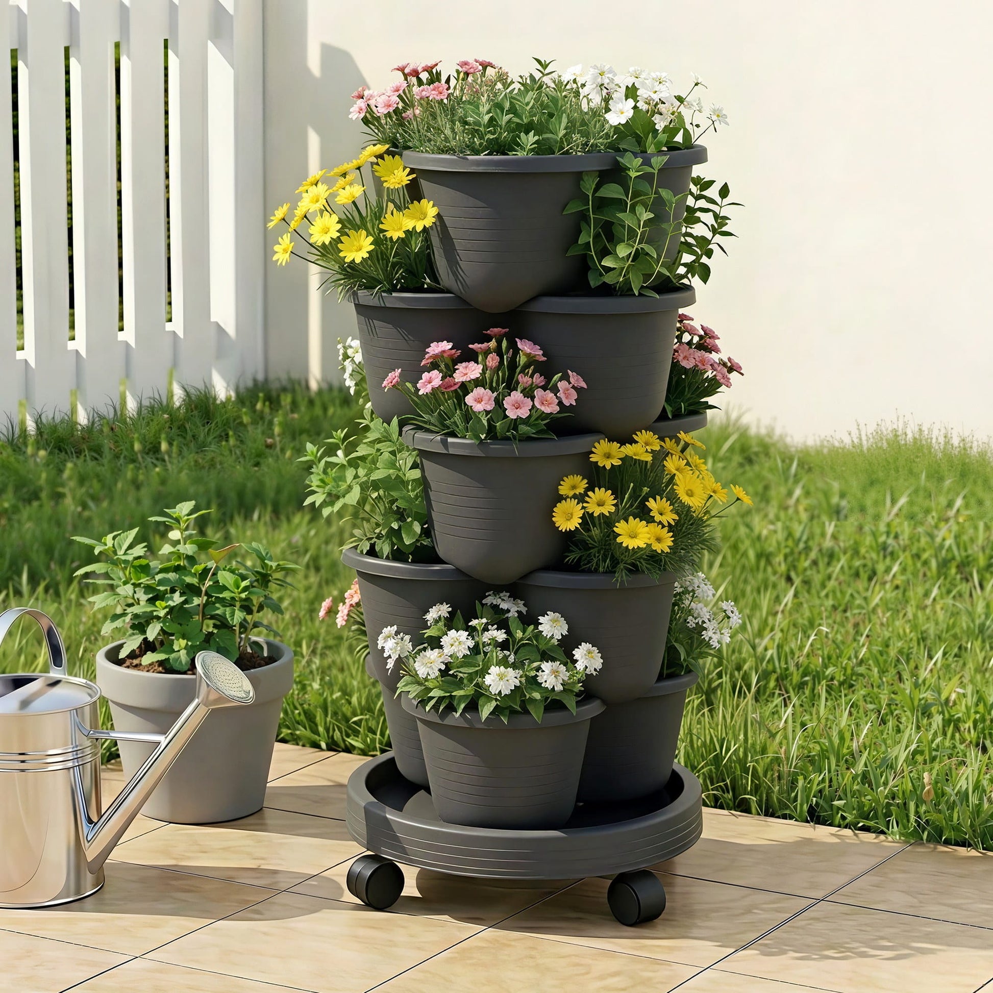 Green Fingers Home & Garden > Garden Beds > Garden Beds & Planters Green Fingers 5 Tier Vertical Garden Planter, Stackable Planters with 4 Wheels, Black, Raised Garden Bed, Garden Tower Indoor Outdoor, Auto Drainage System, for Strawberries, Herbs, Flower, Vegetables