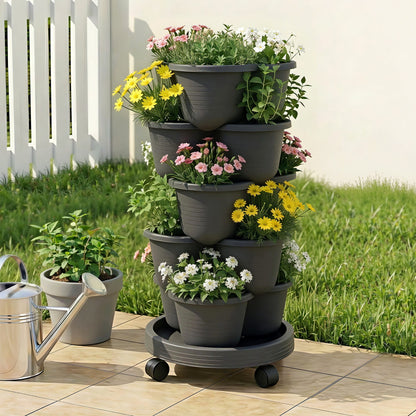 Green Fingers Home & Garden > Garden Beds > Garden Beds & Planters Green Fingers 5 Tier Vertical Garden Planter, Stackable Planters with 4 Wheels, Black, Raised Garden Bed, Garden Tower Indoor Outdoor, Auto Drainage System, for Strawberries, Herbs, Flower, Vegetables