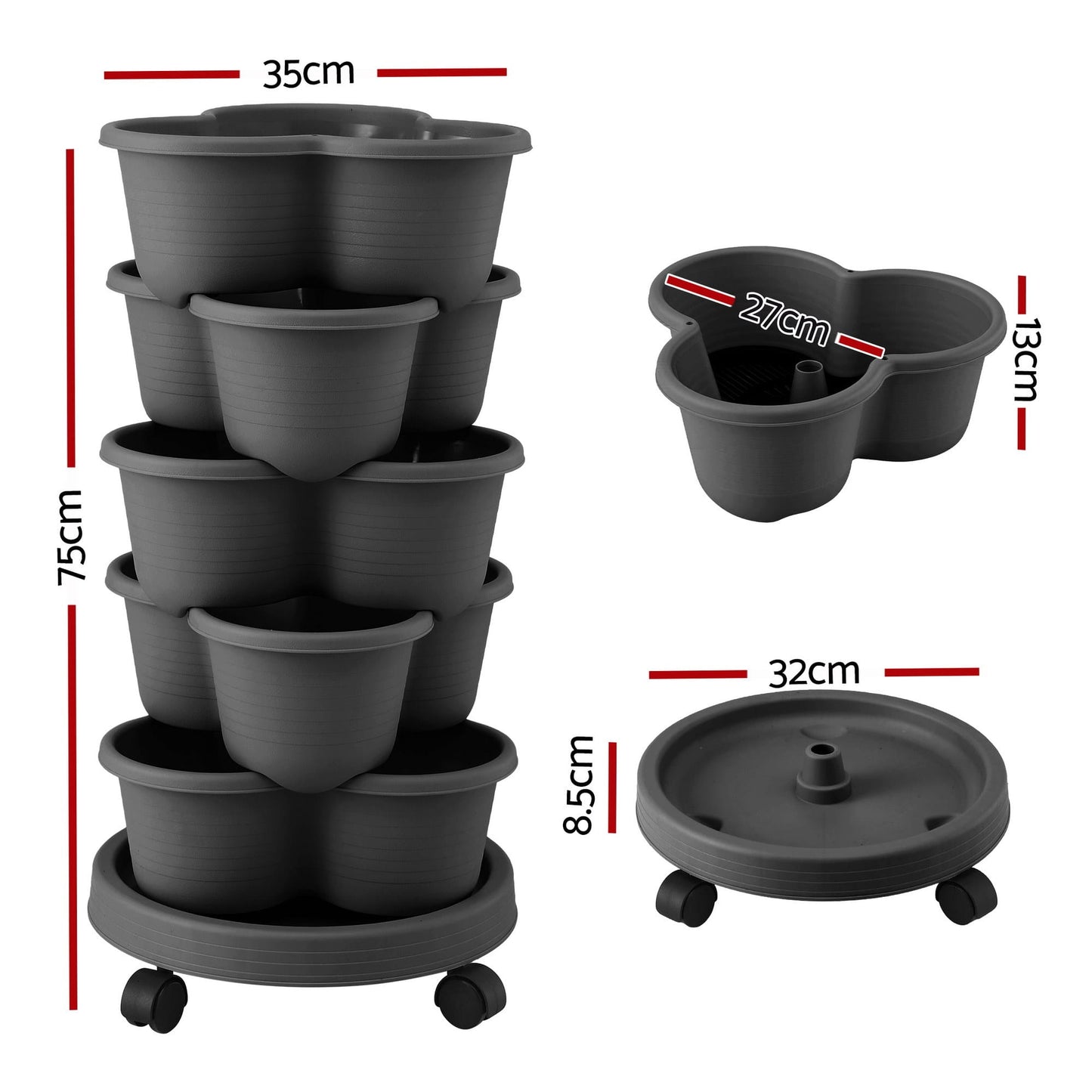 Green Fingers Home & Garden > Garden Beds > Garden Beds & Planters Green Fingers 5 Tier Vertical Garden Planter, Stackable Planters with 4 Wheels, Black, Raised Garden Bed, Garden Tower Indoor Outdoor, Auto Drainage System, for Strawberries, Herbs, Flower, Vegetables