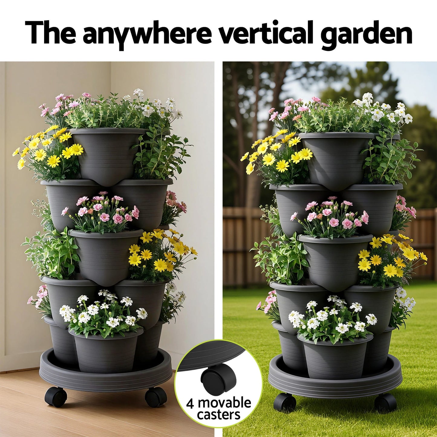 Green Fingers Home & Garden > Garden Beds > Garden Beds & Planters Green Fingers 5 Tier Vertical Garden Planter, Stackable Planters with 4 Wheels, Black, Raised Garden Bed, Garden Tower Indoor Outdoor, Auto Drainage System, for Strawberries, Herbs, Flower, Vegetables