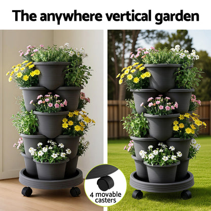 Green Fingers Home & Garden > Garden Beds > Garden Beds & Planters Green Fingers 5 Tier Vertical Garden Planter, Stackable Planters with 4 Wheels, Black, Raised Garden Bed, Garden Tower Indoor Outdoor, Auto Drainage System, for Strawberries, Herbs, Flower, Vegetables
