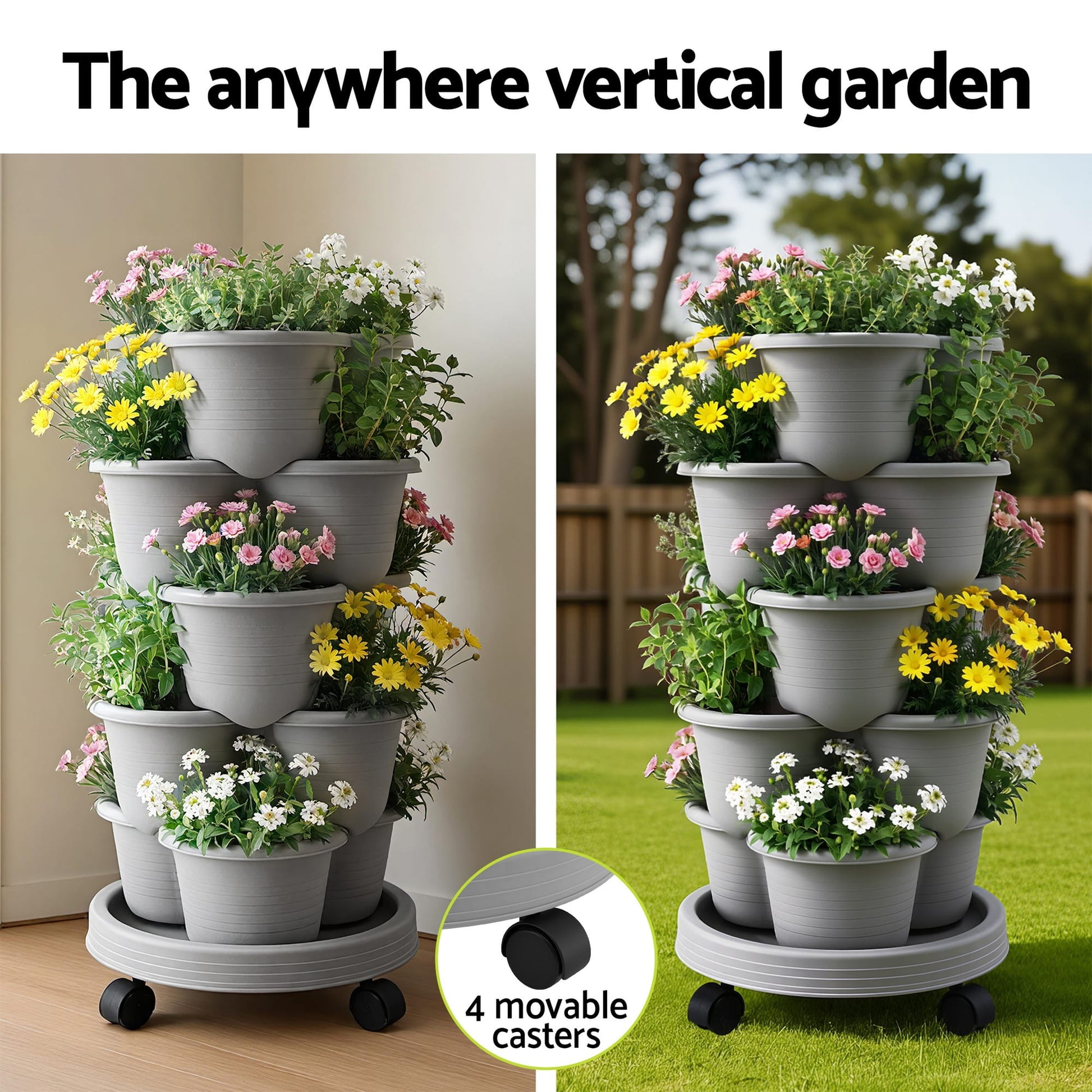Green Fingers Home & Garden > Garden Beds > Garden Beds & Planters Green Fingers 5 Tier Vertical Garden Planter, Stackable Planters with 4 Wheels, Grey, Raised Garden Bed, Garden Tower Indoor Outdoor, Auto Drainage System, for Strawberries, Herbs, Flower, Vegetables