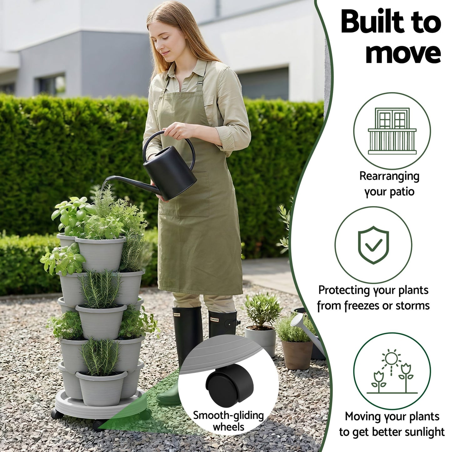 Green Fingers Home & Garden > Garden Beds > Garden Beds & Planters Green Fingers 5 Tier Vertical Garden Planter, Stackable Planters with 4 Wheels, Grey, Raised Garden Bed, Garden Tower Indoor Outdoor, Auto Drainage System, for Strawberries, Herbs, Flower, Vegetables