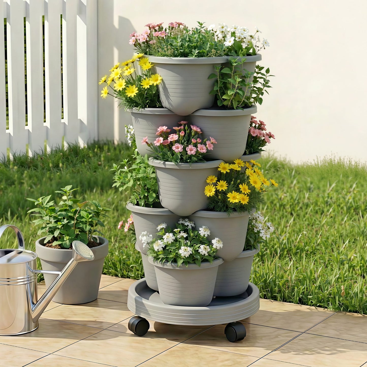 Green Fingers Home & Garden > Garden Beds > Garden Beds & Planters Green Fingers 5 Tier Vertical Garden Planter, Stackable Planters with 4 Wheels, Grey, Raised Garden Bed, Garden Tower Indoor Outdoor, Auto Drainage System, for Strawberries, Herbs, Flower, Vegetables