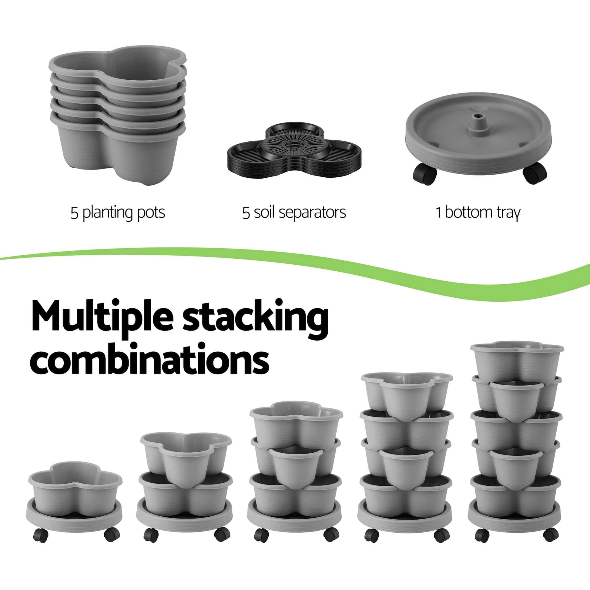 Green Fingers Home & Garden > Garden Beds > Garden Beds & Planters Green Fingers 5 Tier Vertical Garden Planter, Stackable Planters with 4 Wheels, Grey, Raised Garden Bed, Garden Tower Indoor Outdoor, Auto Drainage System, for Strawberries, Herbs, Flower, Vegetables