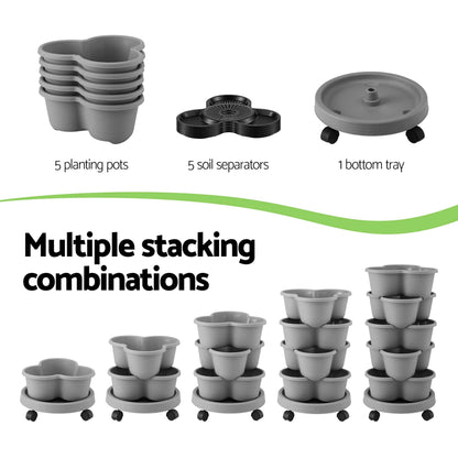Green Fingers Home & Garden > Garden Beds > Garden Beds & Planters Green Fingers 5 Tier Vertical Garden Planter, Stackable Planters with 4 Wheels, Grey, Raised Garden Bed, Garden Tower Indoor Outdoor, Auto Drainage System, for Strawberries, Herbs, Flower, Vegetables