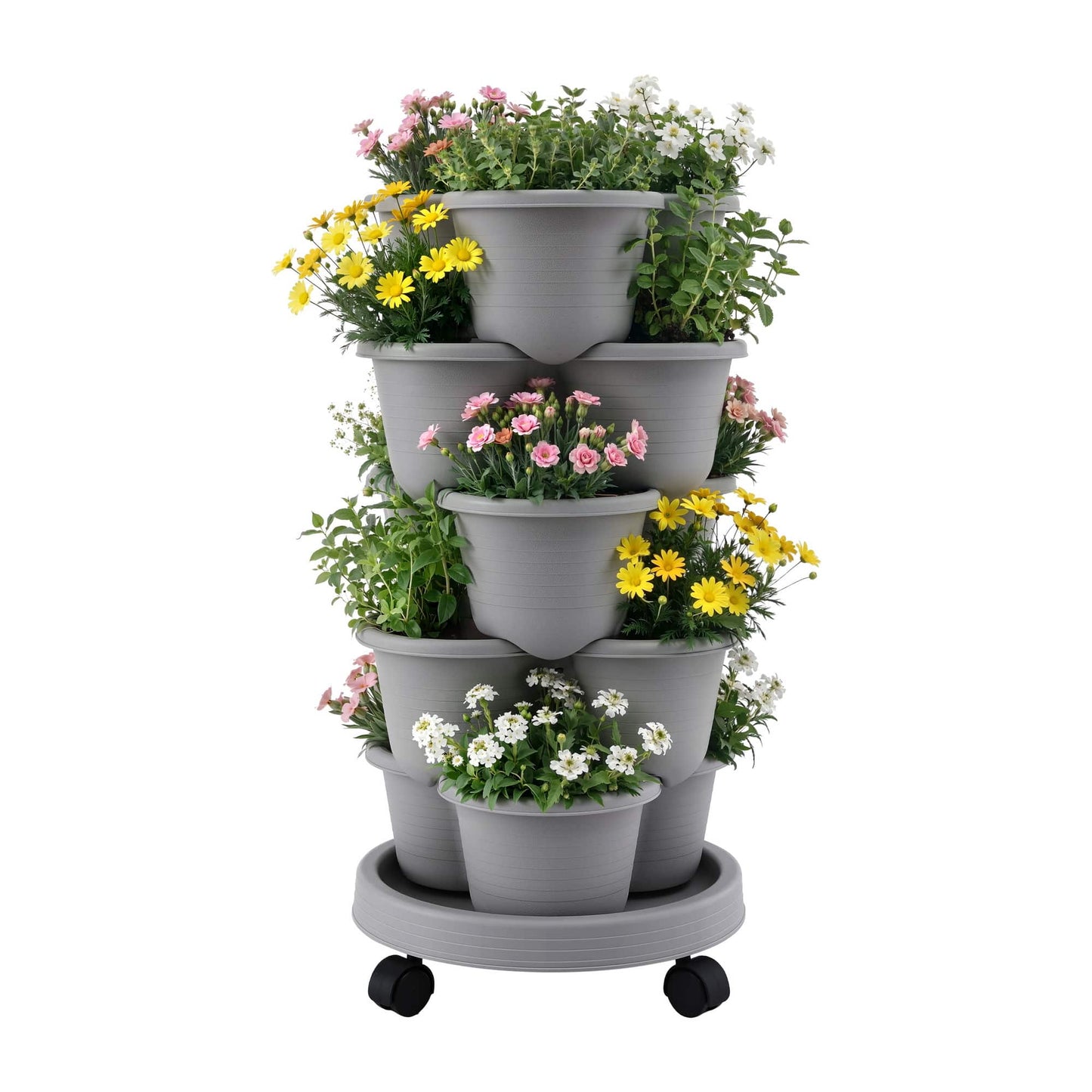 Green Fingers Home & Garden > Garden Beds > Garden Beds & Planters Green Fingers 5 Tier Vertical Garden Planter, Stackable Planters with 4 Wheels, Grey, Raised Garden Bed, Garden Tower Indoor Outdoor, Auto Drainage System, for Strawberries, Herbs, Flower, Vegetables